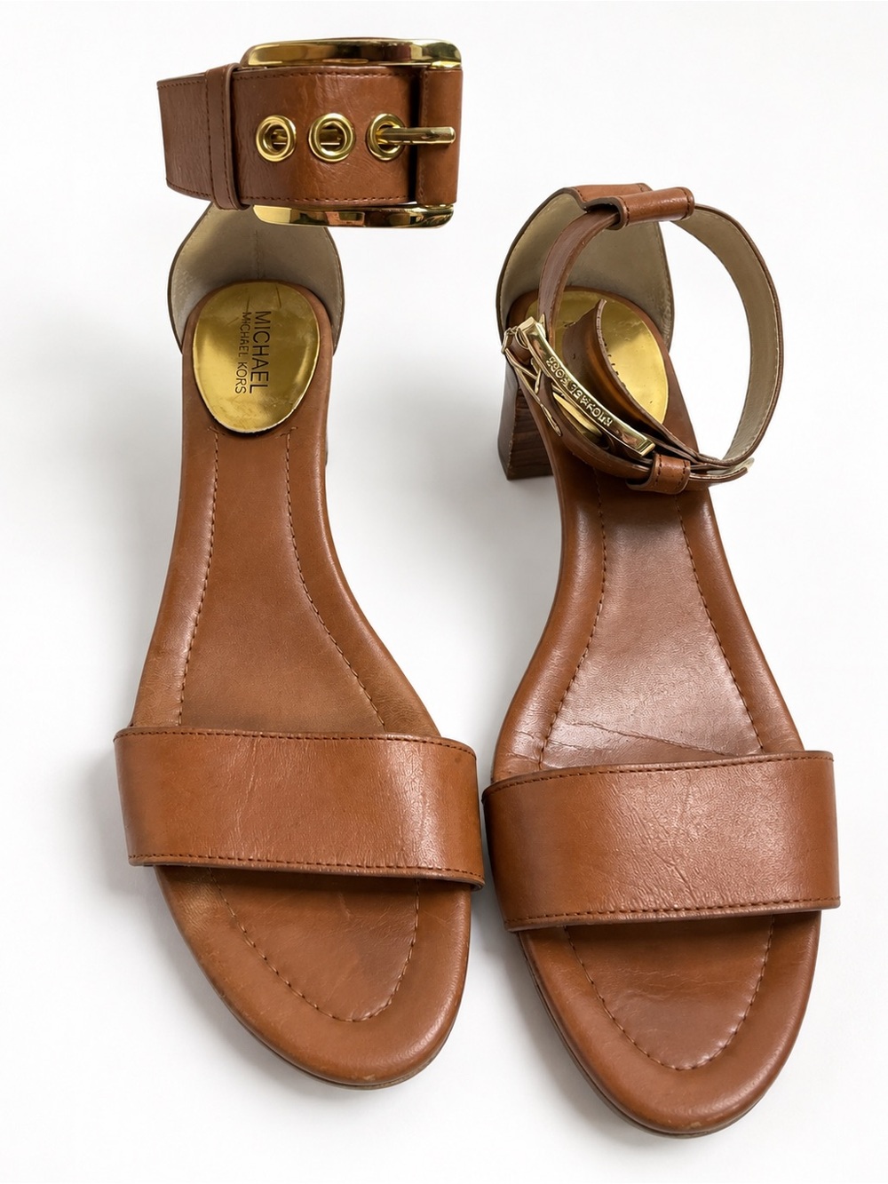 MICHAEL Michael Kors Brown Leather Ankle-Strap Block Heel Sandals